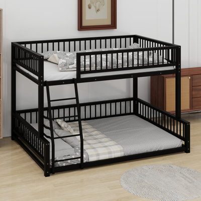 Floor Bunk Bed Frame With Ladder And Safety Guardrails