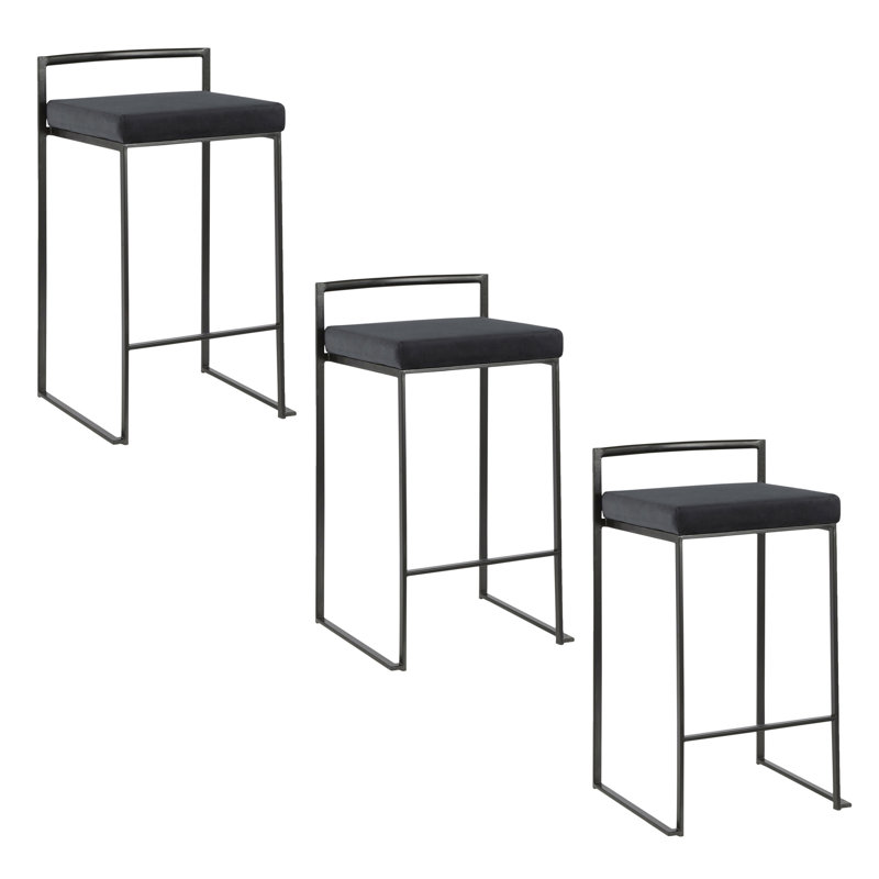 Ensemble de 3 tabourets de comptoir empilables 26 po en métal noir avec coussin noir, Noir, Noir