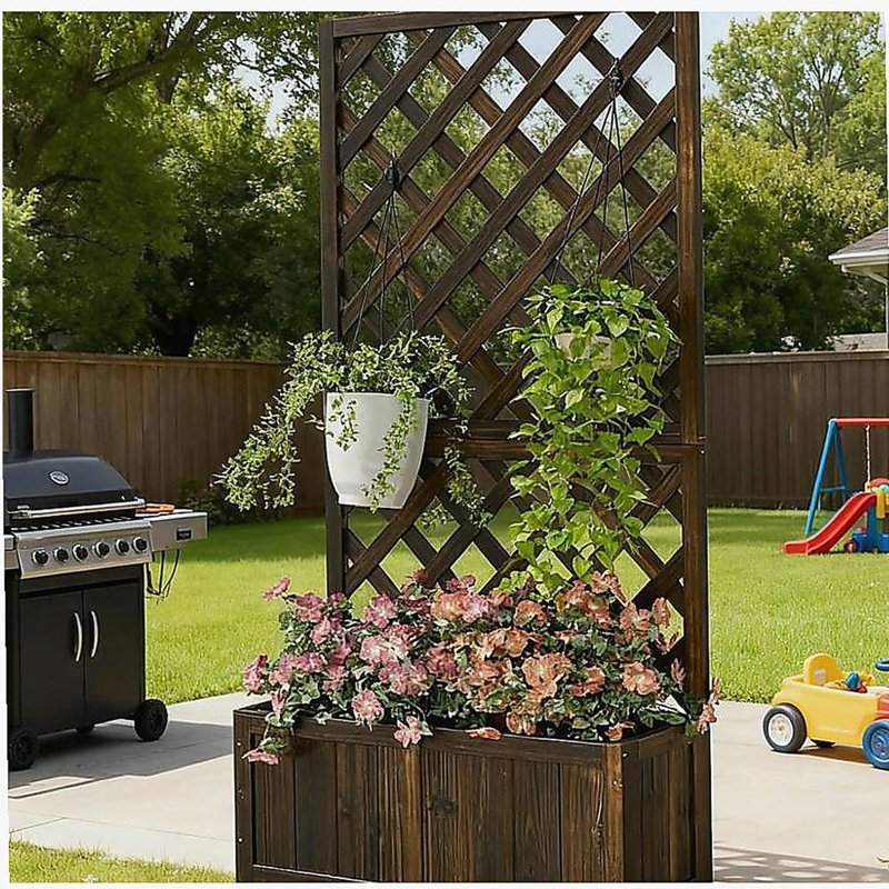 Garden Bed,Wooden Raised Garden Bed Planting Planter Box with Trellis and Drain Holes for Climbing Vine Plants