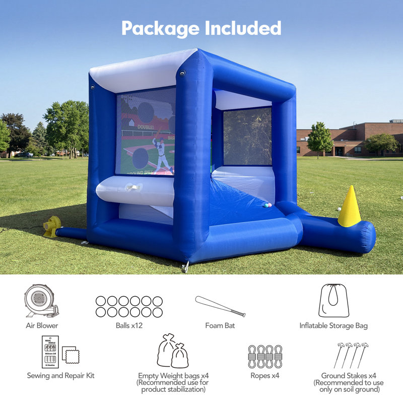 Jeu de frappeur de baseball gonflable de 10 pi avec souffleur, jeu de lancer de balle flottant et jeu de frappes Wellcomer - Comprend une batte et 12 balles, un jeu de sport interactif portable pour les fêtes dans la cour, les anniversaires et les événements