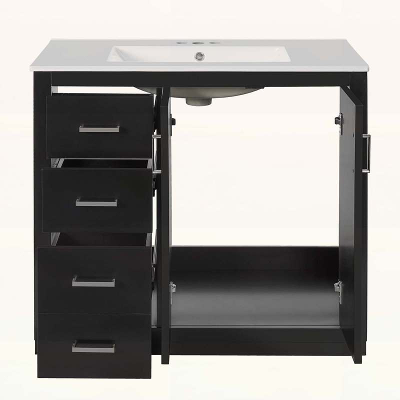 36'' Bathroom Vanity with Ceramic Sink,Wood Frame,Freestanding Storage Cabinet with 3 Drawers and Soft-Closing Doors, Black