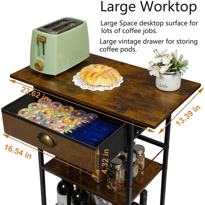 Coffee Bar Stand Station Cart with Storage Drawer -3 Tier, Extended Worktop Coffee Table,