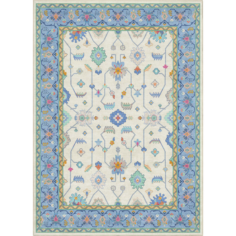 Bungalow Rose Adrith Antalya Modern Vintage Boho Ivory Blue Multi Area Rug
