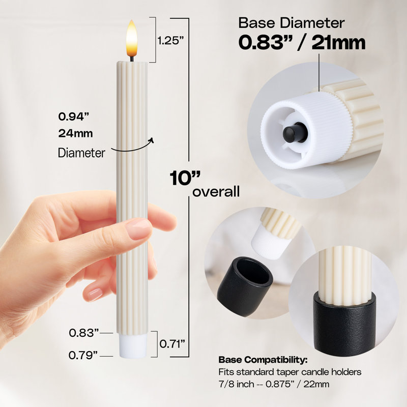 Bougies à DEL cannelées cannelées cannelées sans fil, télécommande, bouton marche / arrêt, à piles, paquet de 6, Crème, crème