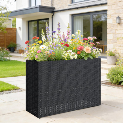 Raised Garden Bed with Adjustable Foot Pads for Patio, Balcony, PE Rattan Wicker Planter, Freestanding Steel Frame Rattan Planter Stand with Removable Liner for Flowers, Vegetables, Black
