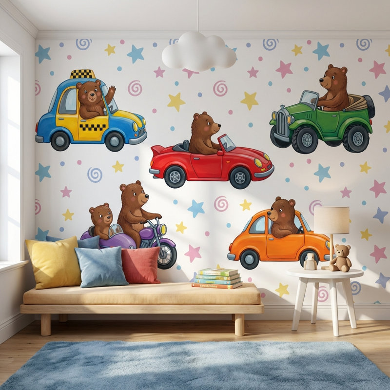 Papier peint pour ours, dessin animé, fresque murale fantaisiste, 160"x108", Peel and Stick
