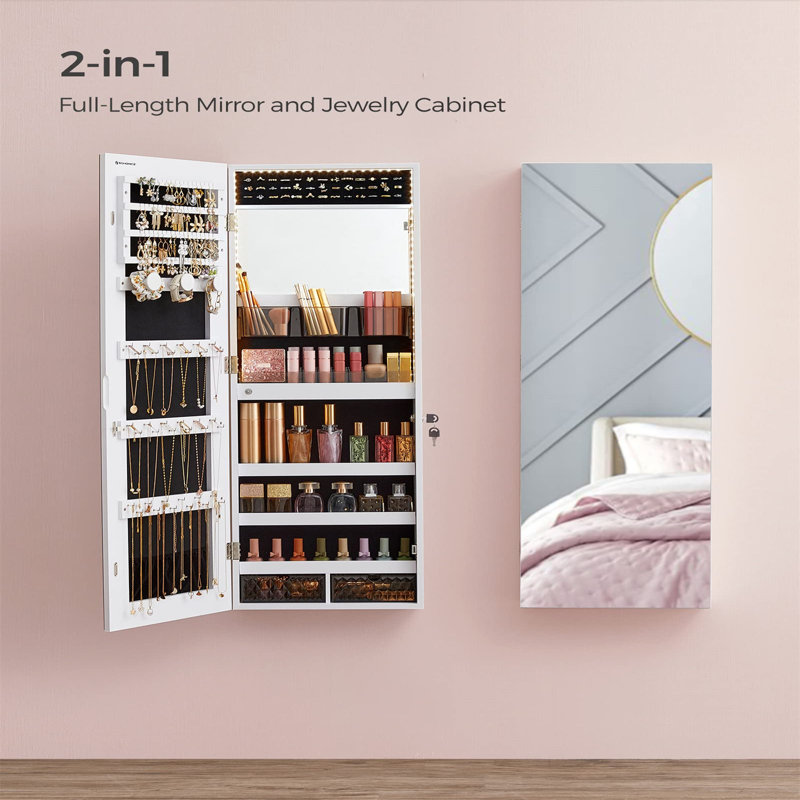 White Wall Mounted Jewelry Armoire with Mirror and LED Lights
