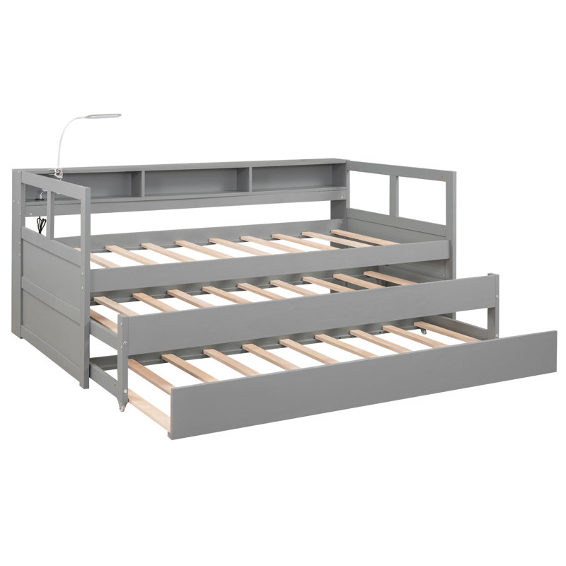 Wood Daybed With 2 Trundles, Gray