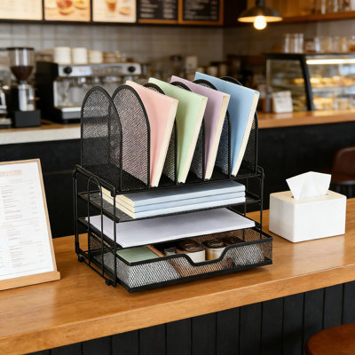 Metal Desk Organizer With Drawer And Vertical File Holders, Multifunctional Office Desk Accessory For Files, Pens, And Supplies, Workspace Desktop Organizer