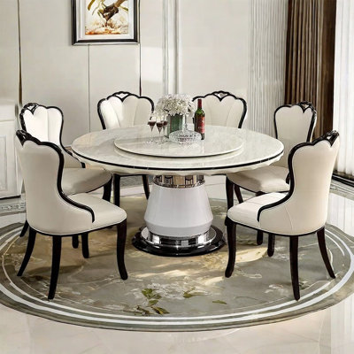 Simple White Faux Marble Round Dining Table