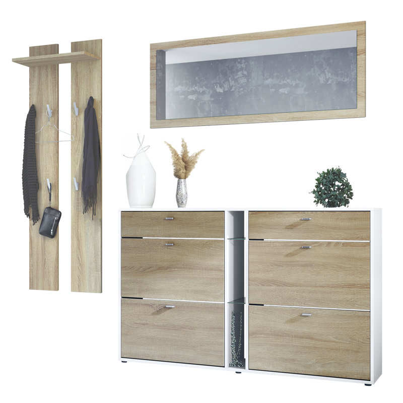 Orlando 215 cm W Hallway Set with Shoe Storage, Rough Cut Oak/White
