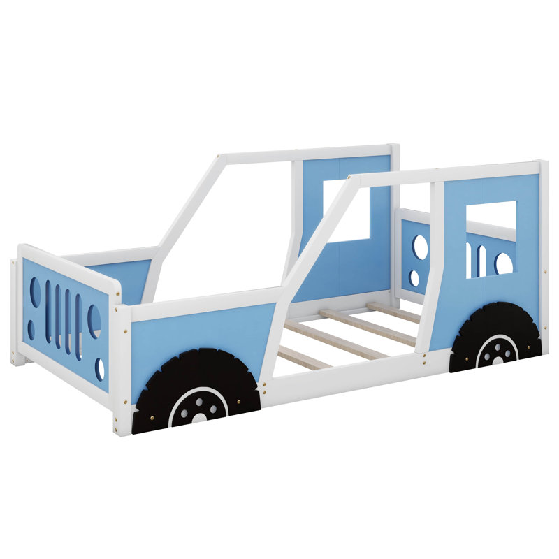 Lit plateforme simple en forme de voiture avec roues, Bleu