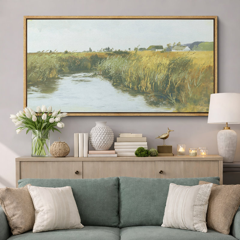 Peaceful Countryside River with Golden Fields, H 30 po x l 60 po, Naturel