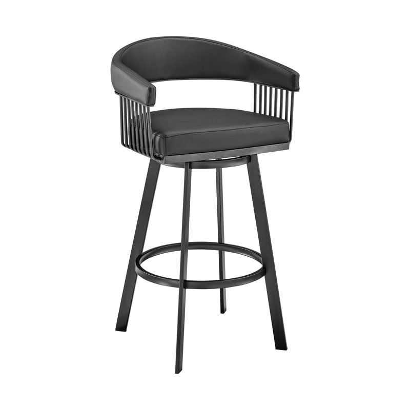 Robinett Swivel Counter or Bar Height Bar Stool with Arms and Footrest in Faux Leather and Metal, Black, Black