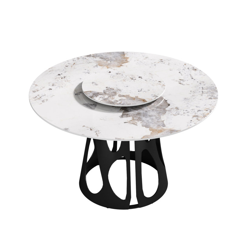 Table en pierre frittée blanche de 53 po avec base en fer noir stable, 6, table tournante 23,62 po, table ronde Scratch & Heat, capacité 6, surface durable facile à nettoyer