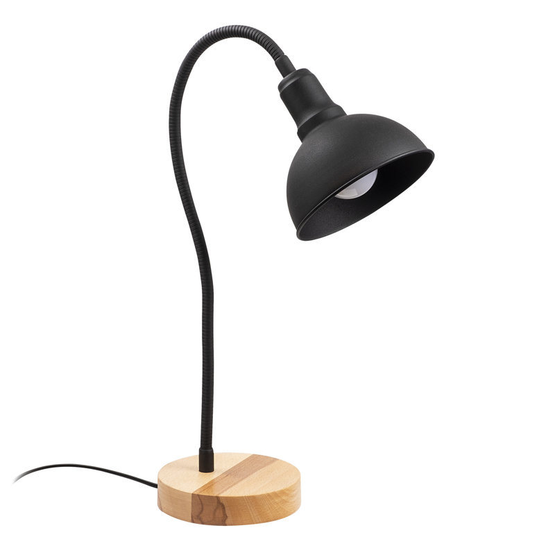 Lampe de table industrielle moderne avec corps en métal et base en bois, 20,5 po de hauteur, 6,3 po de diamètre | Douille E27, 40 W maximum | Design élégant noir et chêne | Parfait pour le bureau personnel, le salon et la chambre à coucher