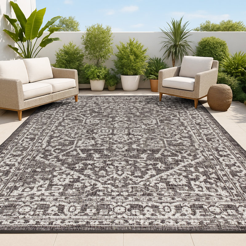 Tapis intérieur / extérieur noir / gris Massimo Bohemian Medallion, Rectangle 10 pi x 14 pi