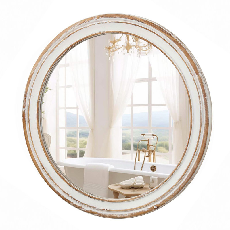 Round Wall Mirror For Bathroom Vanity, Wooden Farmhouse Circle Mirrors For Bedroom, Entryway, Living Room, Kithen Whitewash Edge Decorative Mirror For Home, Office