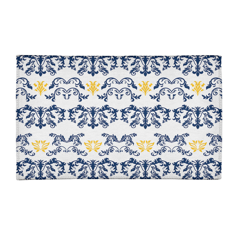 Tapis damassé blanc / bleu marine, Rectangle 5 pi x 7 pi
