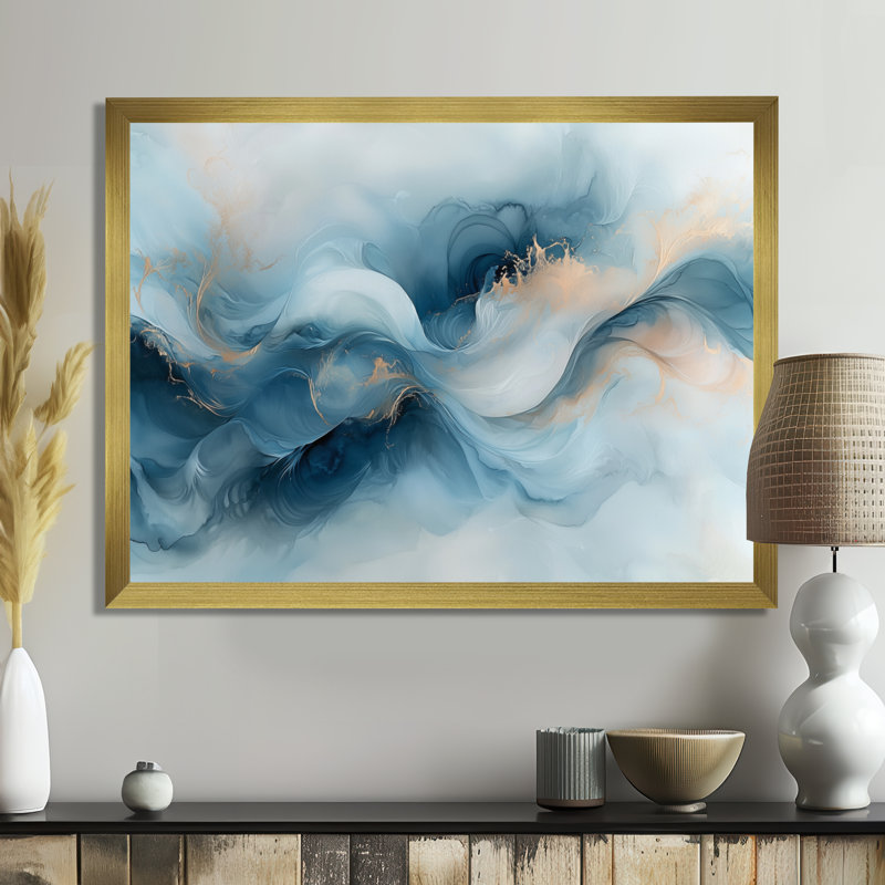 Fondations fluides de marbre quartzite III - art mural abstrait en marbre, H 16 po x l 32 po, Cadre flottant, Doré