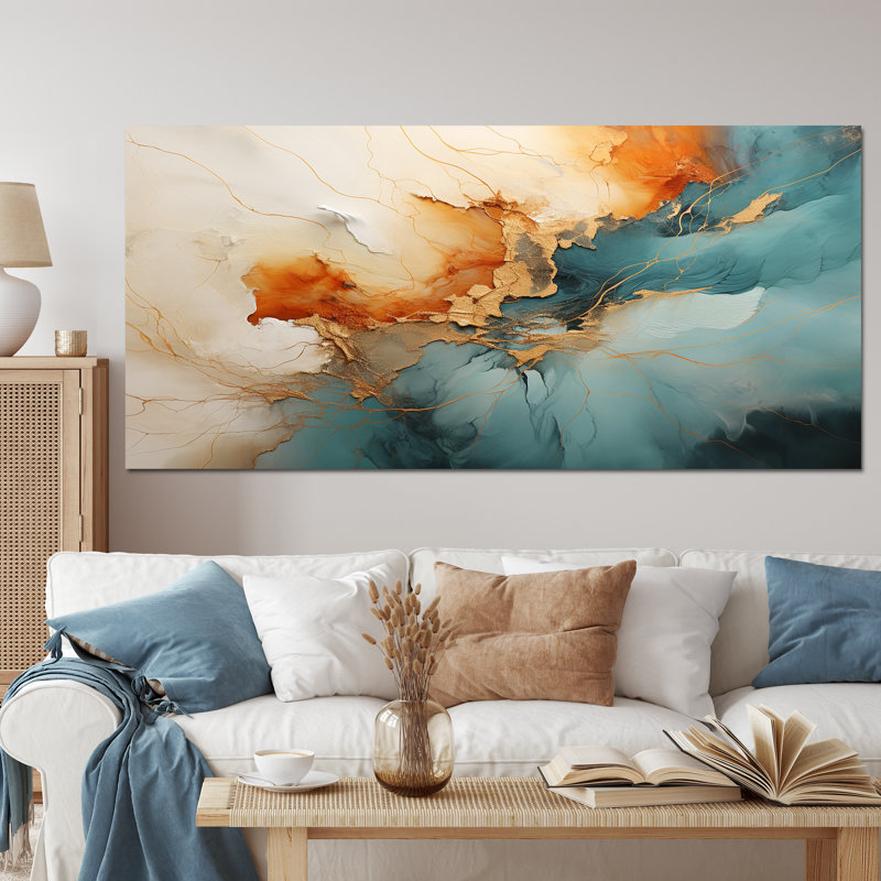 Teal Orange Bold Energy V - Dams, art mural, Toile tendue, H 28 po x l 60 po, Sans cadre