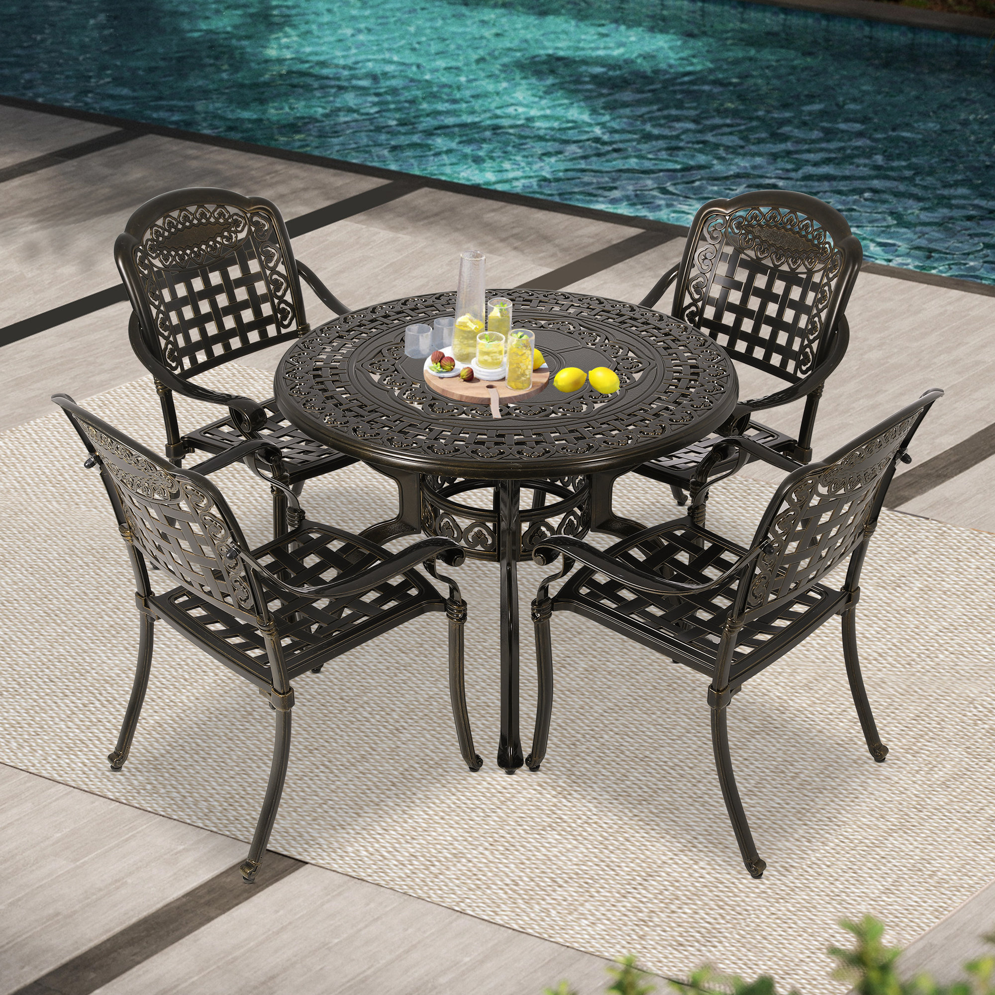 Fleur De Lis Living 40-inch Outdoor Dining Table, Cast Aluminum Patio  Furniture Table, Round Table With 2” Umbrella Hole, All-weather Resistant Outdoor  Dining Furniture For Backyard Lawn Balcony Deck, Bronze | Wayfair, image size:2000x2000