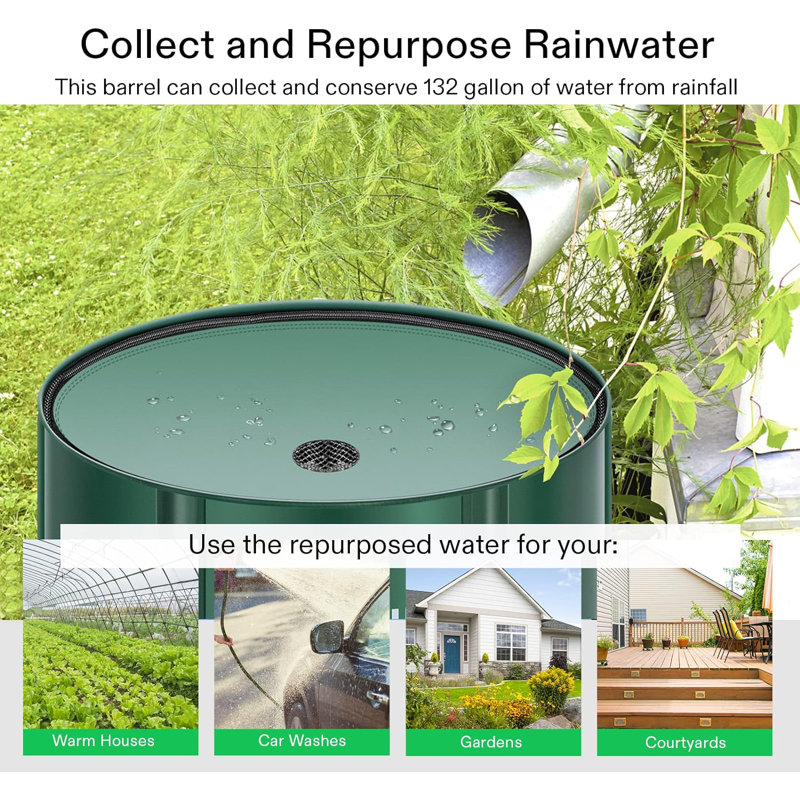 Baril de pluie pliable en plastique résistant aux intempéries, Vert, H 38,6 po x l 31,5 po x P 31,5 po