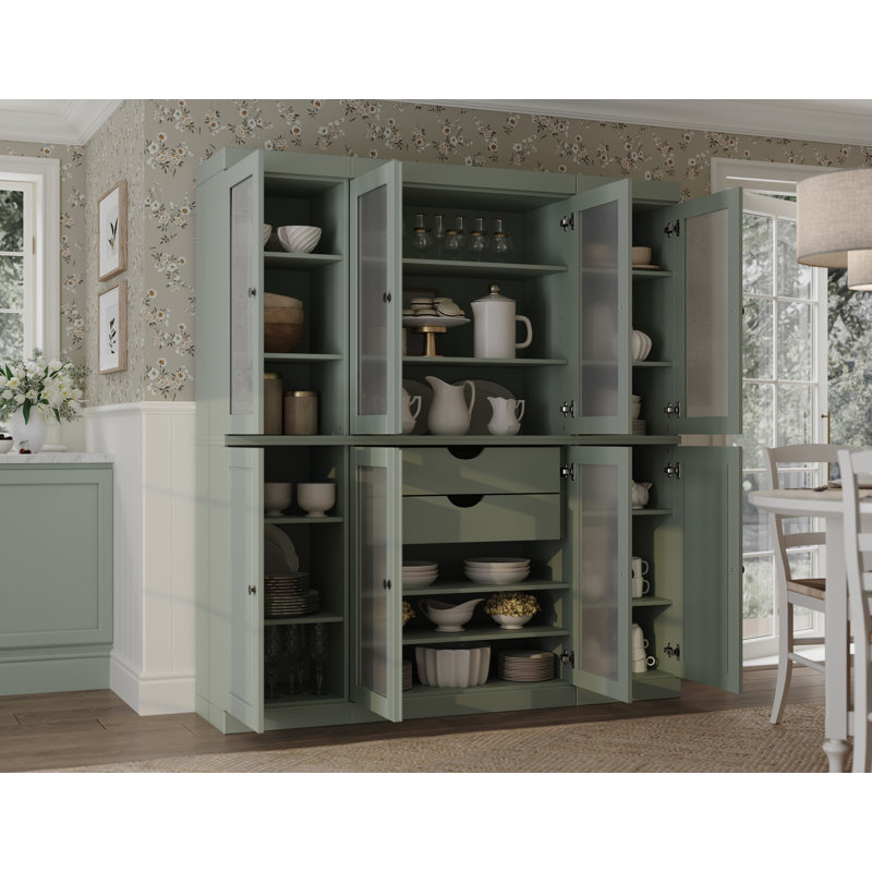 100% Solid Wood 65" Pantry China Cabinet with Solid, Frosted Glass Doors, 2-Drawers and Adjustable Shelves, Sage