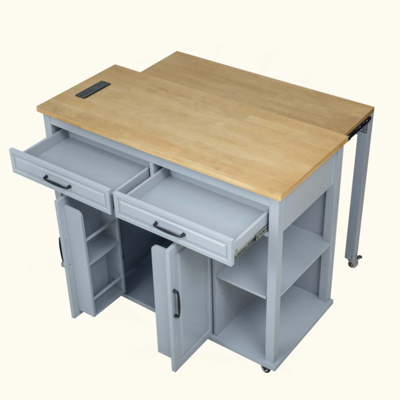 Kitchen Island With Extendable Dining Table, Rubber Wood Veneer Kitchen Table With Internal Storage Rack, Power Outlet, Kitchen Island With Storage 2 Drawers 2 Cabinet