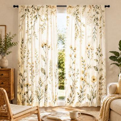 2Pcs Botanical Floral Curtains with Blooming Branches and Leaves Print, Watercolor Garden Style, Vintage Theme, Decorative Window Drapes, Ideal for Living Room, Bedroom, Home Decor, Gift, Rod Pocket Hanging, Light Filtering