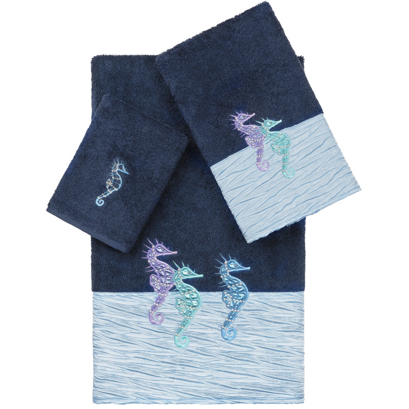Ensemble de serviettes en coton Sofia, Bleu minuit, Ensemble 3 serviettes de bain