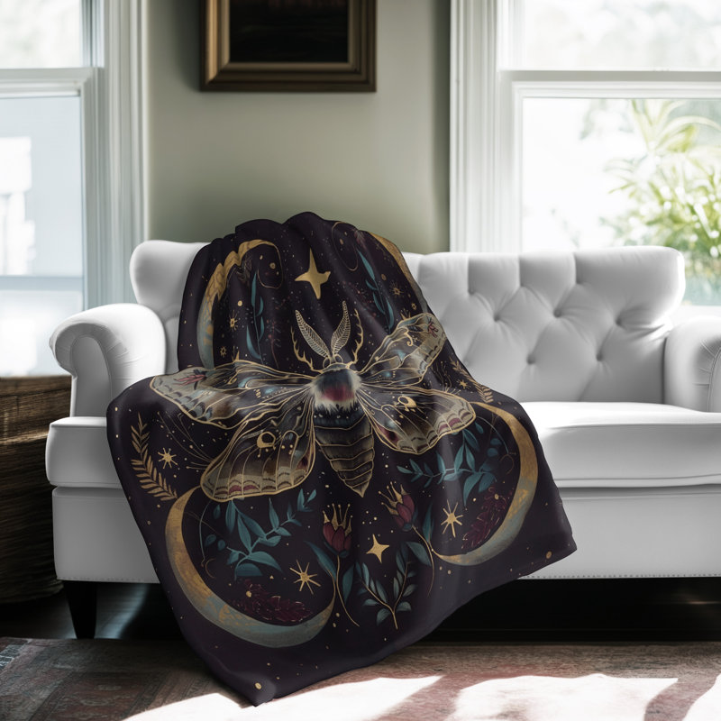 «Midnight Sky Moth Ensemble» - couverture en sherpa de qualité supérieure 1 pièce - reproduction d'art luxueuse, Lit simple