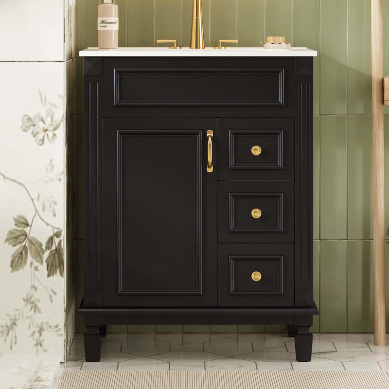 Meuble-lavabo 24 po avec lavabo en céramique, petite armoire de rangement moderne avec 2 tiroirs et tablette réglable, Noir