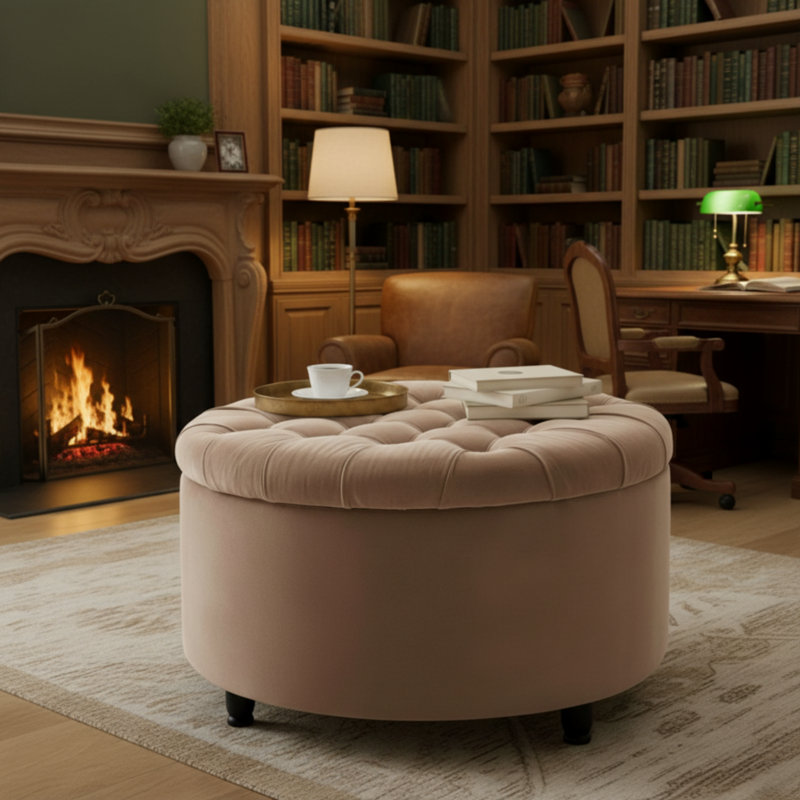 Repose-pieds capitonné classique avec rangement, bouton rond de 28 po de largeur avec couvercle amovible