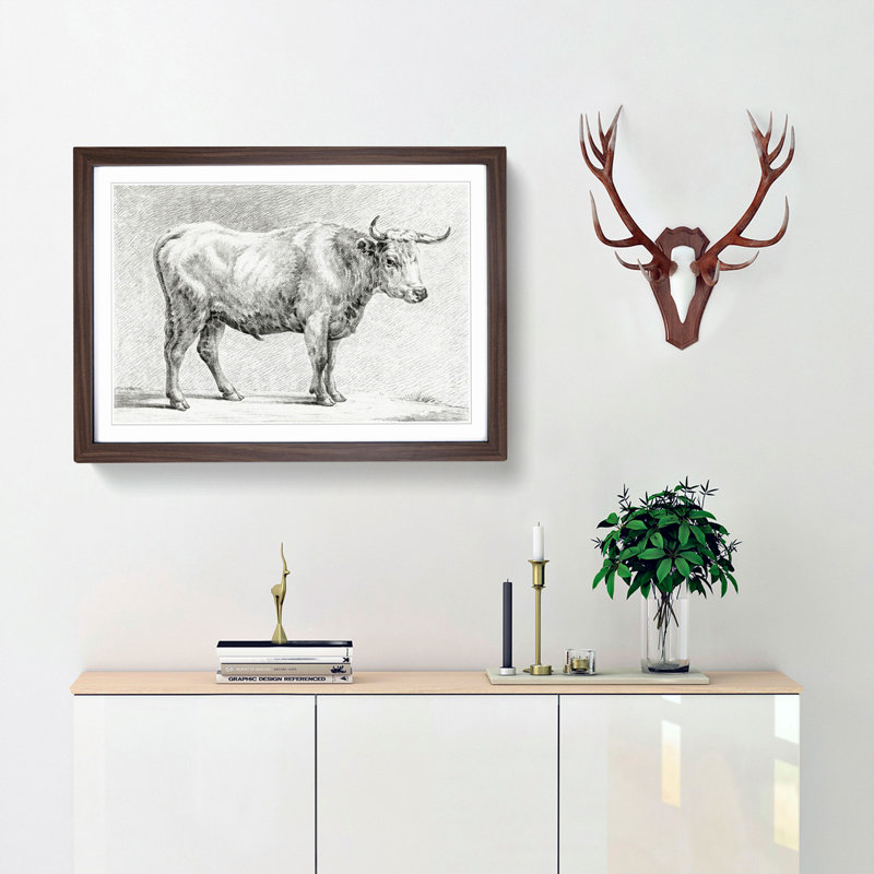 Study of a Bull by Jean Bernard - Picture Frame Drawing Print, Walnut Framed, 36cm H x 48cm W x 2cm D