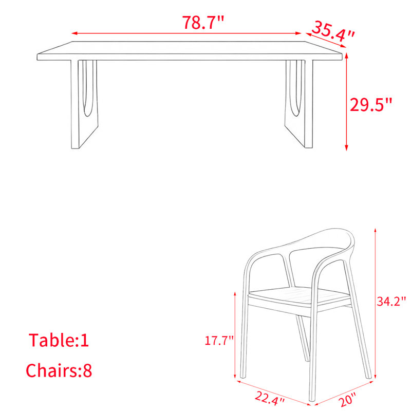 Ensemble de table de salle à manger en bois massif de style ancien chinois, H 29,5 po x L 78,7 po x l 35,4 po