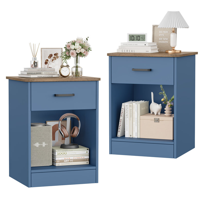 Ignacio 23.6" H Wood Nightstand with Drawer, Set of 2, Blue/Warm Wood