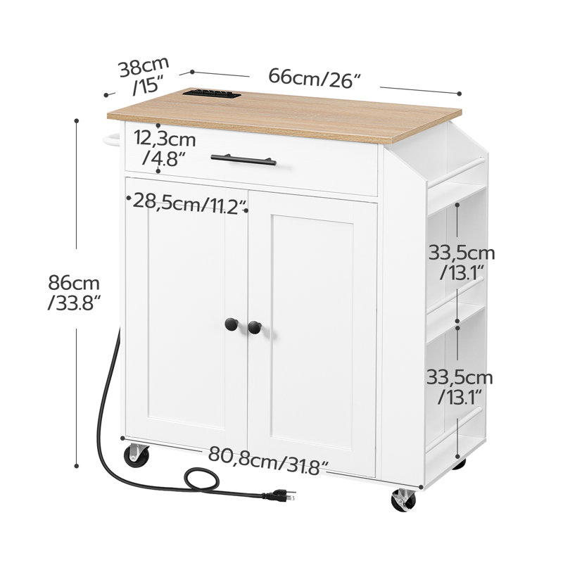 Aquisha 33.8" Rolling Kitchen Island with Power Outlet, White/Natural