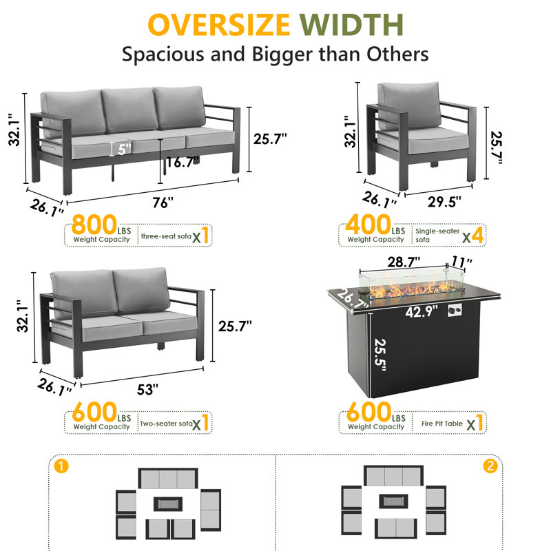 9-Person Sofa Seating Group With Fire Pit, Beige Cushion/Gray Frame