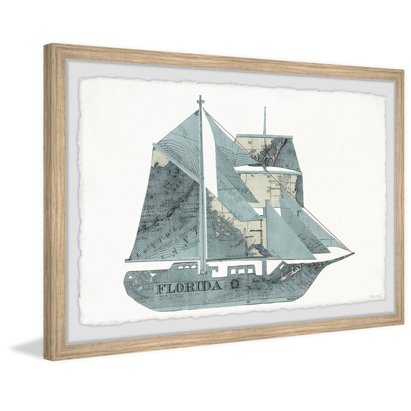 Florida Sailing Ship - Reproduction d'art graphique sur papier encadré, H 20 po x l 30 po x 1,5 po