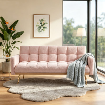 69" Pink Teddy Fleece Convertible Sofa Bed, 3-Position Adjustable Multi-Functional Couch with Detachable Armrests, Gold Metal Leg Sleeper Sofa for Living Room Bedroom Small Space