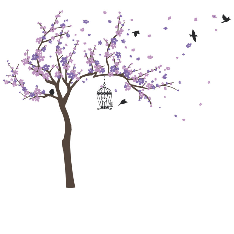 Décalcomanie murale Arbre en fleurs et oiseaux, H 60 po x l 77 po x p 0,01 po, Blanc