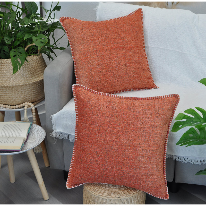 24x24 Orange Chenille Throw Pillow Covers Set of 2 with Piped Edges