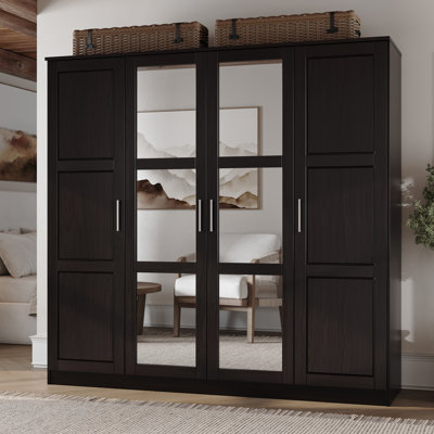 Cosmo 100% Solid Wood 4-Door Wardrobe Armoire Closet with Mirrored Doors, Adjustable Shelves & Soft-Close Hinges