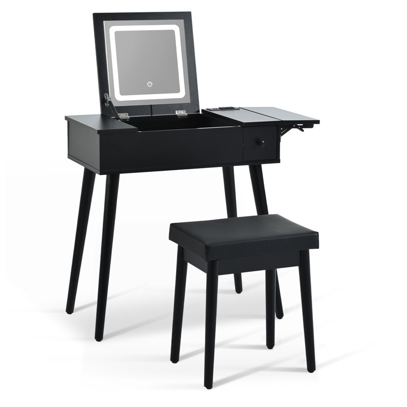 Coiffeuse 27,9 po avec miroir à bascule noir et lumière DEL, coiffeuse avec station de charge