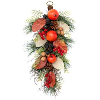 30" Autumn Harvest Mixed Berry and Pine Needle Artificial Teardrop Swag - Unlit