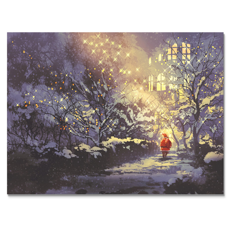Père Noël en hiver enneigé - œuvre d'art moderne sur toile, H 8 po x l 12 po x P 1 po, Toile tendue