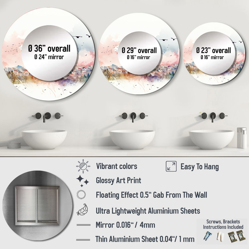 Athènes City Skyline - miroir mural Athènes, miroir décoratif rond industriel, impression d'art en métal, 29 po x 29 po