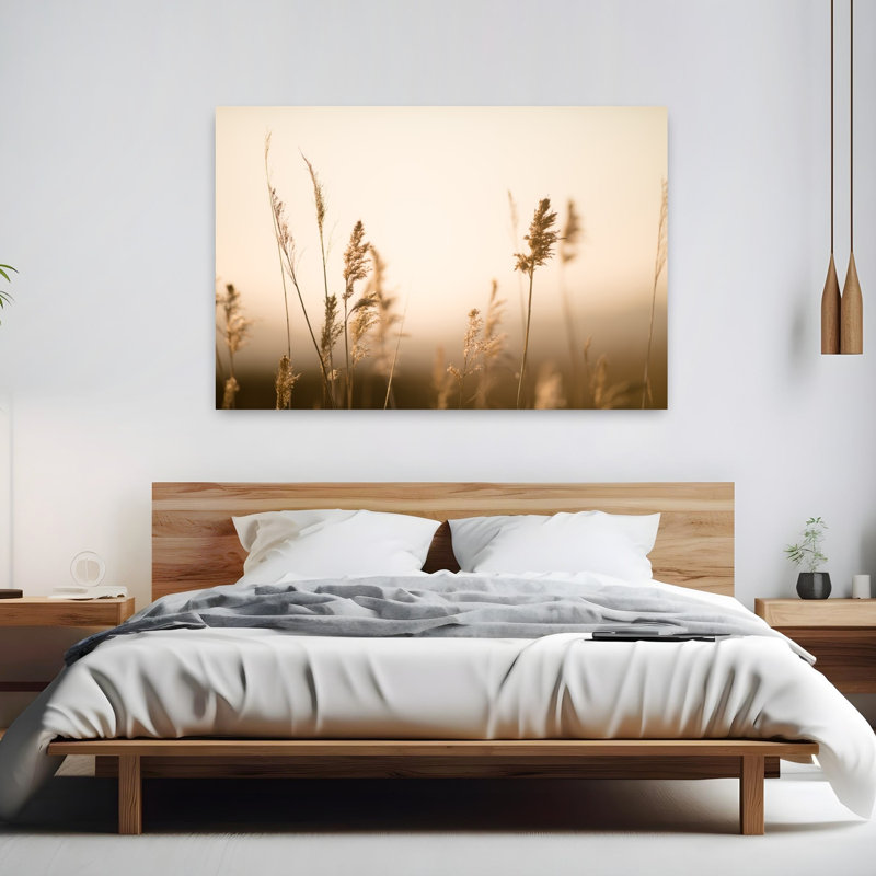 Doux roseaux dorés abstraits, paysage contemporain, nature, art mural, H 60 po x l 40 po