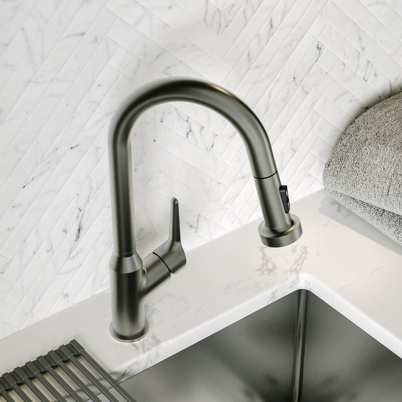 Karran Scottsdale Single Handle Pull-Down Sprayer Kitchen Faucet in Spot-Free Gunmetal Grey, Satin Black